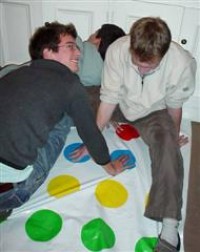 Ash Bown, David Cottingham, Alan Elder playing twister